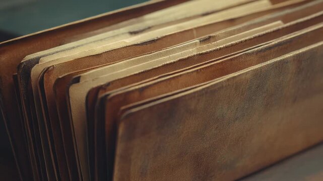 A stack of brown folders sitting on a wooden table, suitable for office or study settings