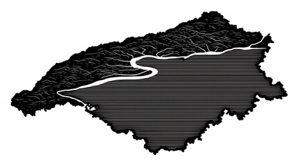 Black-and-white stylized topographic map with a river and textured surface