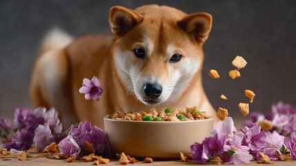 Shiba Inu dog curiously gazing at a bowl of pet food surrounded by vibrant flowers, showcasing a playful and inviting atmosphere for pet lovers and animal enthusiasts