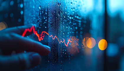 Market Fluctuations: A finger traces a downward trend line on a window, symbolizing market volatility and economic downturn against a blurred background.