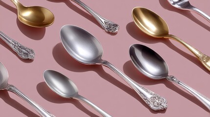 Collection of elegant silver and gold spoons arranged artistically on a soft pink background, showcasing intricate designs and textures, perfect for culinary or decorative use