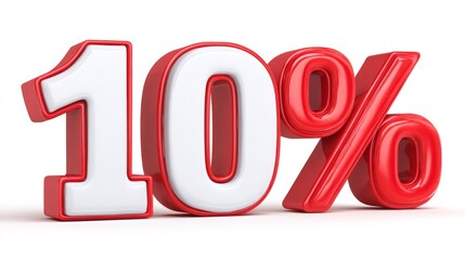 Bold 3D representation of the percentage "10%" with red outline and white filling, isolated on white