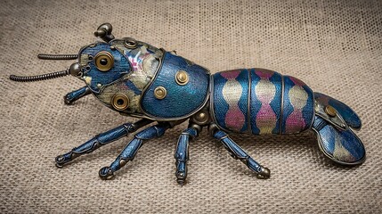 Close-up of a detailed, mechanical invertebrate sculpture on a textured, neutral-toned backdrop
