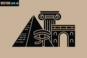 Ancient world architectural icons and cultural symbols vector art