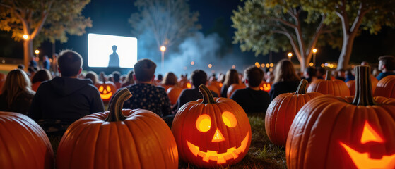 Halloween celebration with carved pumpkins, outdoor movie screening, and crowd enjoying festive atmosphere