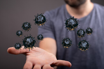 An abstract, conceptual image of a human hand presenting digital coronavirus particles. Illustration of a pote