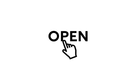 Bold black word "OPEN" with pointing hand icon against a clean white background