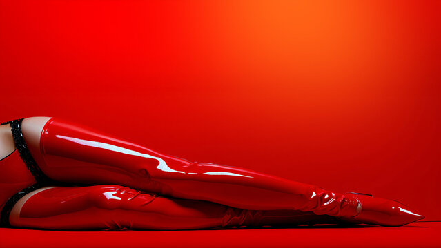 futuristic woman dressed in dark latex sitting in a surreal room