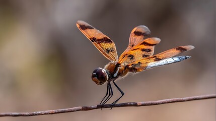 Close-up of a dragonfly with orange and black patterned wings, perched on a wire