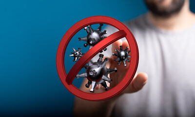 Illustration of a stop sign over a graphic representation of the coronavirus to promote safety and awareness d