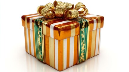 Close-up of a festive, wrapped gift box with a shiny golden bow on a white backdrop