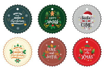  Download with free trial Merry Christmas gift tags holiday design labels, cards, sticker. Cute elements set for winter. Vector collection hand drawn illustration xmas tree, wreath, present, santa and