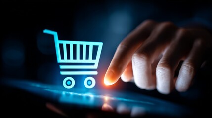 Close-up of a finger pressing an illuminated shopping cart icon on a digital tablet screen