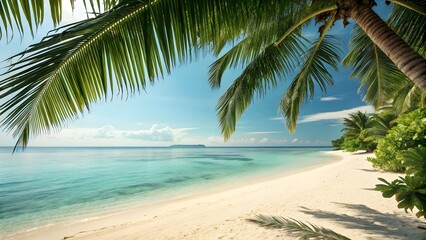 Fototapeta premium Idyllic tropical beach scene with palm trees and turquoise ocean