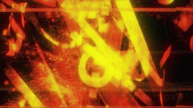 4K distorted data glitch background in warm orange tones, corrupted video signal and scanline noise texture, futuristic cyberpunk motion design element with pixel artifacts, compression errors