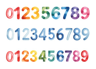 Colorful kids number collection painted in gentle watercolor for birthday art. Dreamy watercolor numbers for little learners