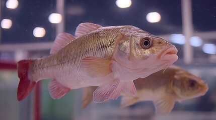 Close-up of a fish with reddish fins swimming in a clear tank, with another fish blurred in background