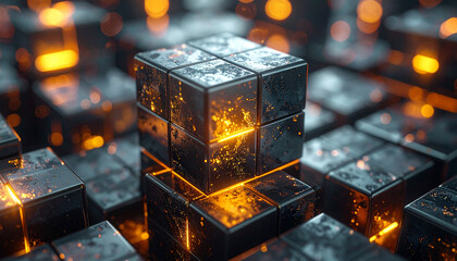 Digital Cube with Warm Glow: An abstract image of a digital cube with a glowing core, representing innovation and technology, set against a dark background.
