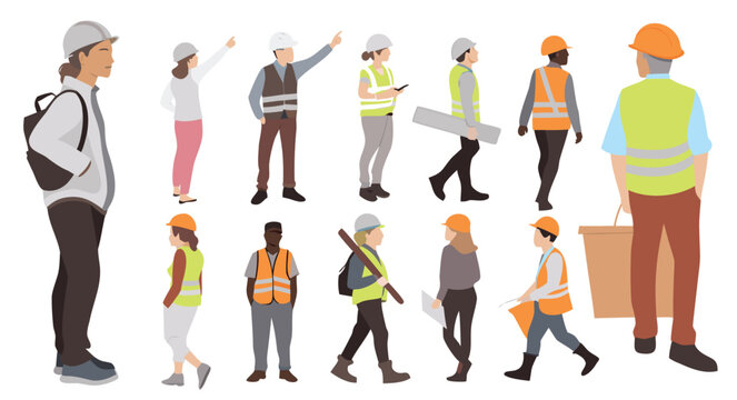 Construction people collection in editable vector cores architect engineer work builders
