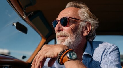 Old man driving car, sunglasses, beard, blue shirt.