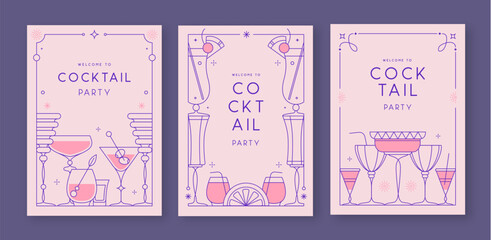 Set of line art retro cocktail party posters with cocktail and champagne glasses. Holiday frames. Vector illustration