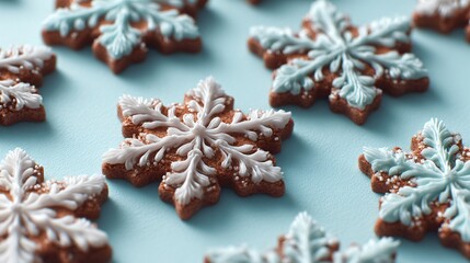 Coconut snowflake cookies on pastel aqua backdrop, soft winter tones and open spacing