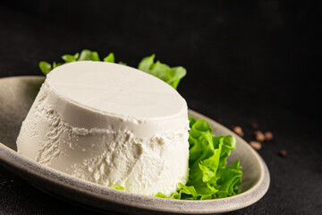 Cream cheese ricotta or mascarpone healthy food ingredient appetizer fresh delicious gourmet food table setting rustic food top view copy space