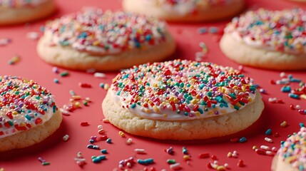 Festive sprinkle-covered cookies on matte pastel red surface, bold cheerful composition with copy area