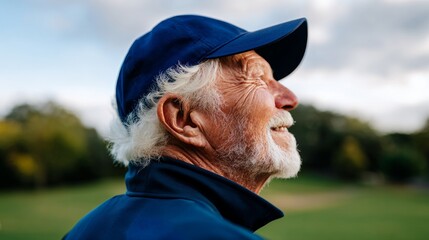 Old man wearing cap, beard, sunglasses, standing outdoors during daytime, smiling.