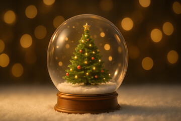 A close-up photograph of a classic snow globe containing a miniature, decorated Christmas tree. The background features soft, out-of-focus golden bokeh lights, creating a warm and magical holiday atmo