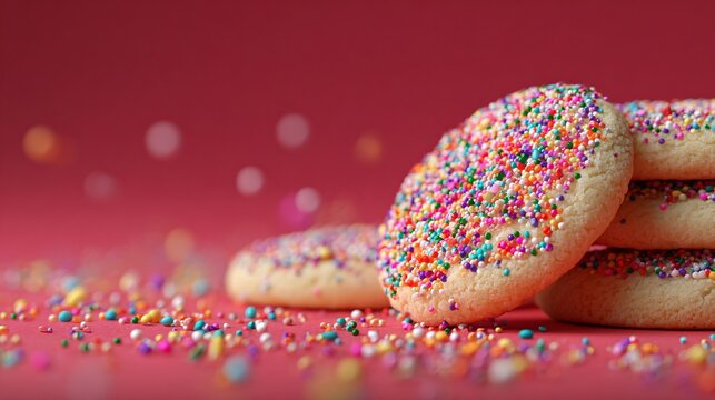 Festive sprinkle-covered cookies on matte pastel red surface, bold cheerful composition with copy area - Powered by Adobe