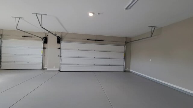 Large Garage Space, Threedoor Workshop With Floor, Expansive Garage Featuring Multiple Doors And Flooring