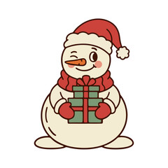 Retro Cartoon Vector Illustration of Cute Winking Snowman Holding Stack of Christmas Gifts