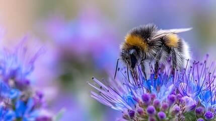 Close-up of a fuzzy bee pollinating a vibrant, blue-purple wildflower. Selective focus