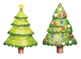 Christmas tree collection glowing with festive winter charm. Watercolor set of cartoon Christmas trees.