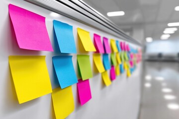 A collection of colorful sticky notes in pink, blue, and yellow arranged on a whiteboard in a modern office environment. Creative brainstorming concept.