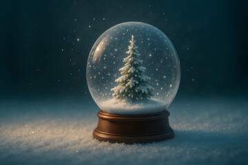 A detailed, atmospheric close-up of a classic snow globe featuring a tiny, snow-dusted evergreen tree inside. The globe rests on a snowy surface against a dark, moody blue background with soft, fallin