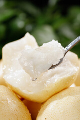 Fresh White Pear Flesh with Spoon - Juicy Fruit Close-up Shot