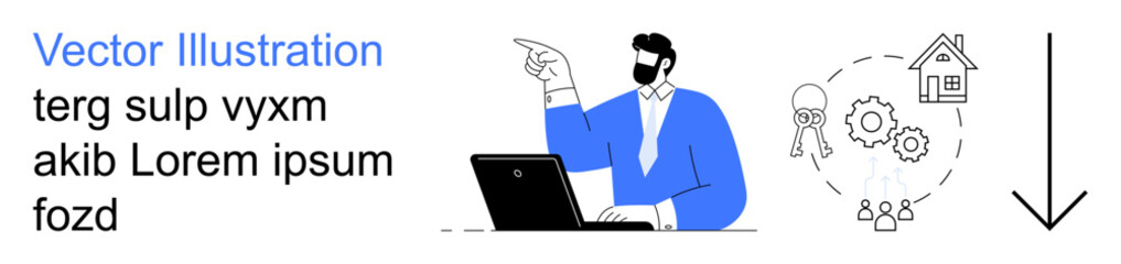 Business planning, workflow optimization, technology integration, remote work, process automation, innovation. Professional pointing with laptop and process icons. Business planning and workflow