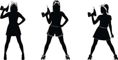 Empowered women silhouettes holding power drill tools, female construction workers illustration symbolizing strength, independence, DIY skills and equality concept