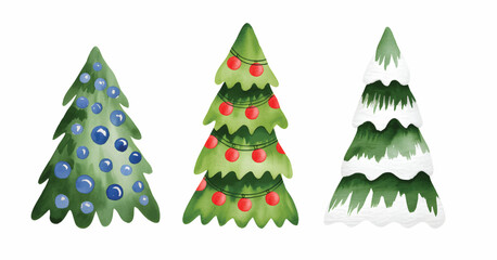 Christmas tree collection glowing with festive winter charm. Watercolor set of cartoon Christmas trees.