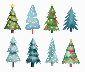 Obraz premium Christmas tree collection glowing with festive winter charm. Watercolor set of cartoon Christmas trees.