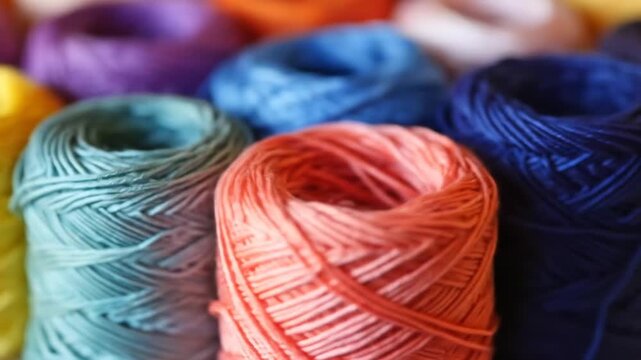 Vibrant close-up of colorful yarn spools, neat rows of textile thread, craft supplies