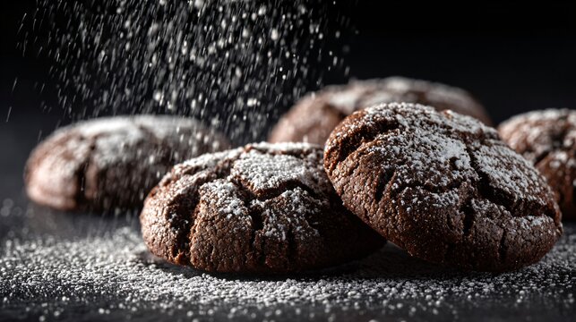 Holiday cocoa cookies dusted with powdered sugar on slate-black background, dramatic mood and open space - Powered by Adobe