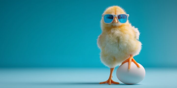 Adorable fluffy chick wearing sunglasses standing on an egg against blue background, concept for easter celebration, spring holidays and poultry farming