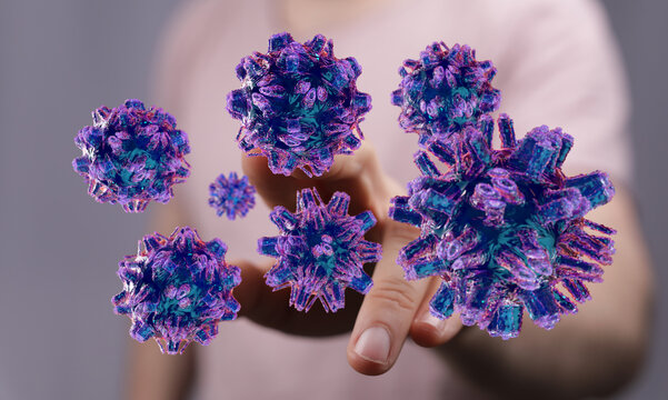 Close up of a hand touching 3D rendered virus cells, medical concept. Healthcare illustration, science backgro - Powered by Adobe