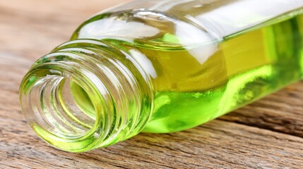 Close-up of a glass bottle containing a vibrant, light-green liquid, lying on a wooden surface