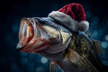 A striking bass fish wearing a red and white Santa hat on a dark bokeh background. Concept for festive season, humorous greeting and winter celebration