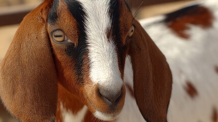 Close-up of a goat with striking brown, white, and black markings, showcasing expressive eyes