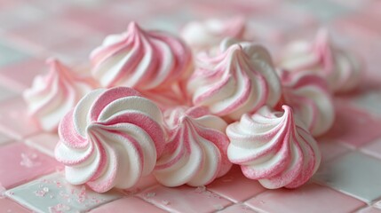 Peppermint swirl meringue cookies on pastel pink tile, airy holiday look with negative space